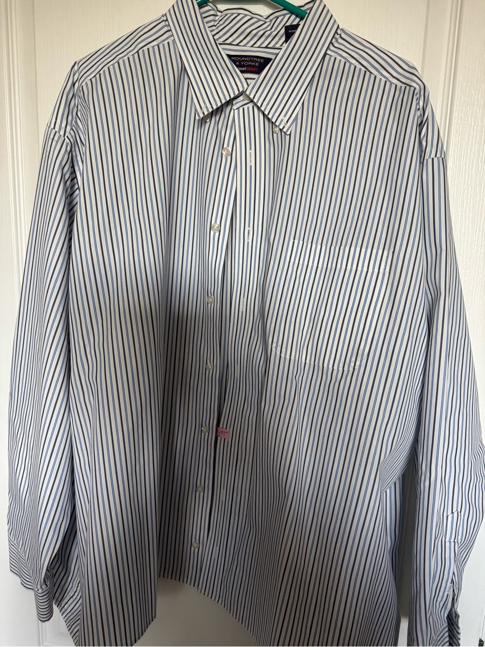 Roundtree & Yorke Men's White Dress Shirt with Blue Pinstripes